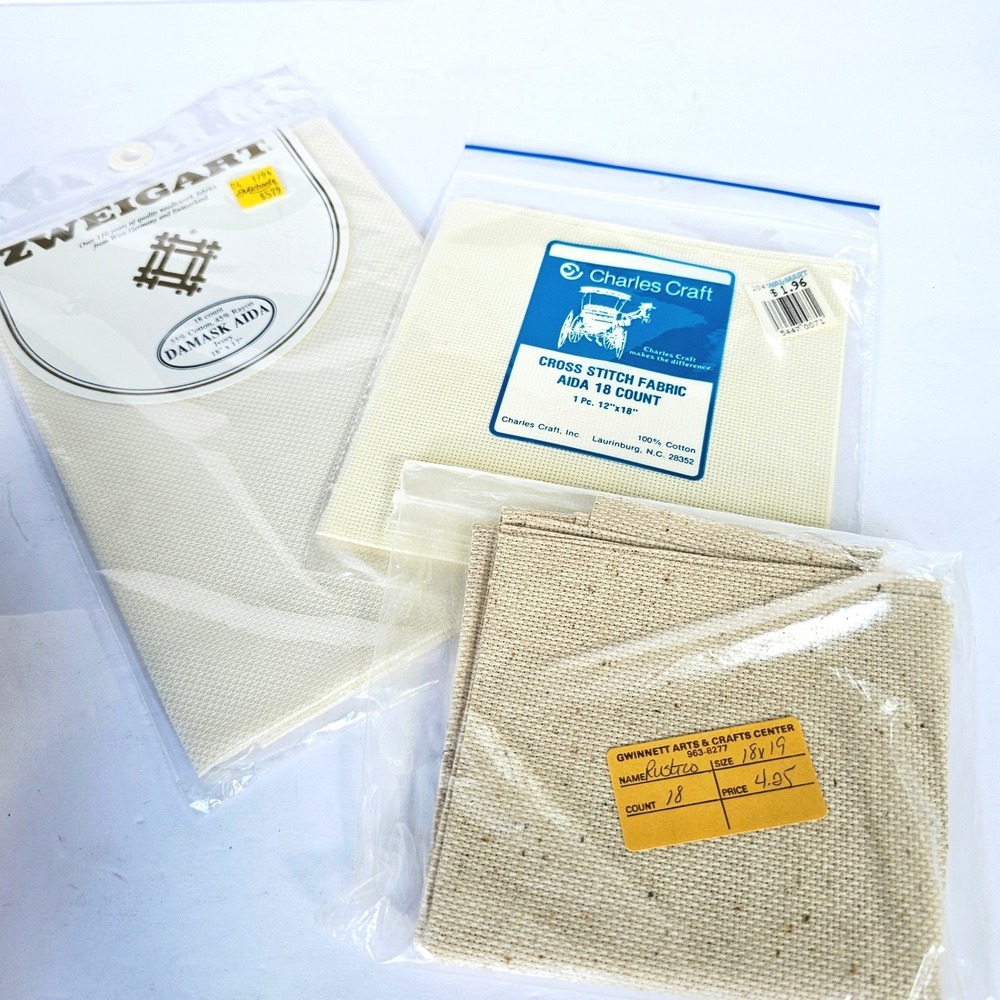 Vintage Zweigart Charles Craft Aida 18 Count Cross Stitch Fabric Lot 3pc Ivory